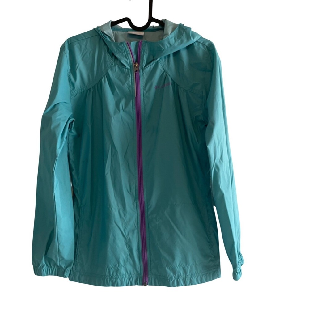 Columbia Kids Teal Blue Windbreaker Hooded Jacket Purple Zip Large L